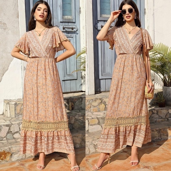 NWT Summer Boho Floral Short Sleeve Maxi Dress Flowy Lace Dress Ruffle Bohemian - Picture 3 of 6